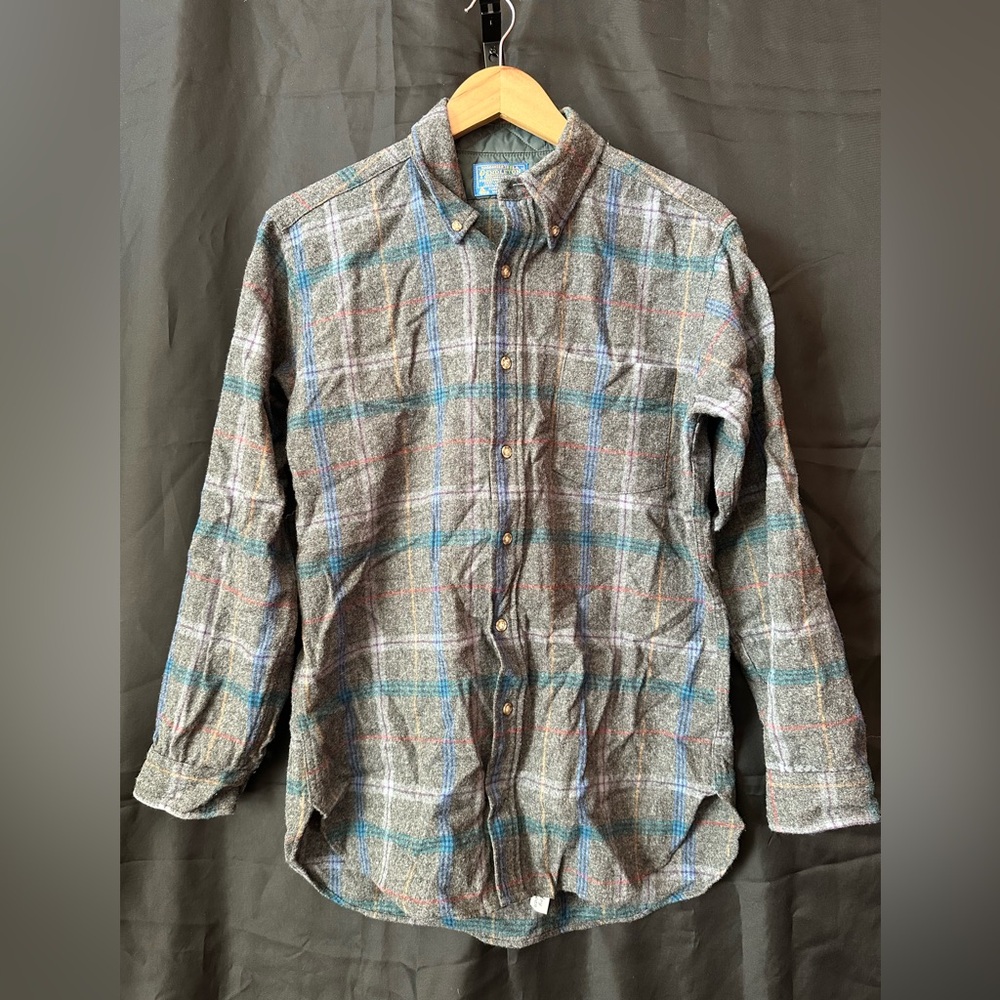 Vintage Pendleton Shirt Mens Grey Plaid Wool Button Up Flannel USA 90s